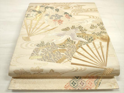 平和屋着物◎六通柄袋帯　唐織　水に扇面松鶴　金糸　正絹　逸品　DABE2289xg