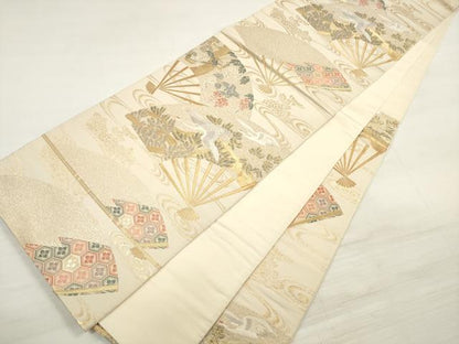 平和屋着物◎六通柄袋帯　唐織　水に扇面松鶴　金糸　正絹　逸品　DABE2289xg