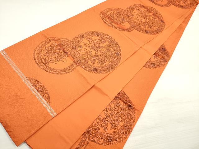 平和屋着物◎六通柄袋帯 絵皿花鳥文 正絹 逸品 DABE2301xg