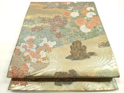 平和屋着物◎六通柄袋帯 吉祥流水草花文 金糸 正絹 逸品 DABE2309xg