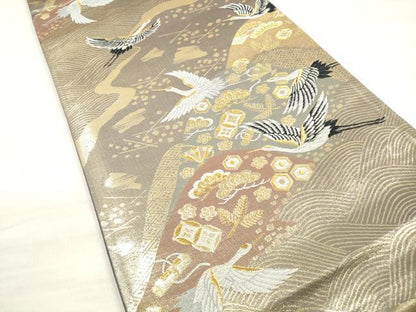 平和屋着物◎六通柄袋帯 唐織 吉祥遠山飛鶴文 金糸 正絹 逸品 DABE2311xg