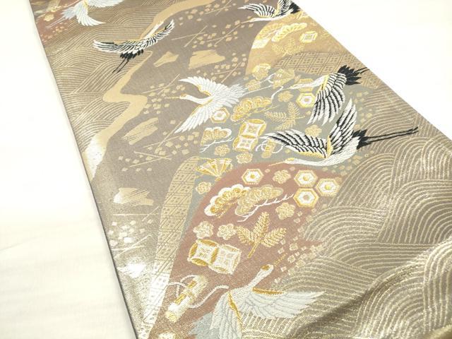 平和屋着物◎六通柄袋帯 唐織 吉祥遠山飛鶴文 金糸 正絹 逸品 DABE2311xg