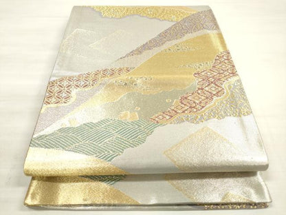 平和屋着物◎六通柄袋帯 吉祥立波遠山文 金銀糸 正絹 逸品 DABE2312xg
