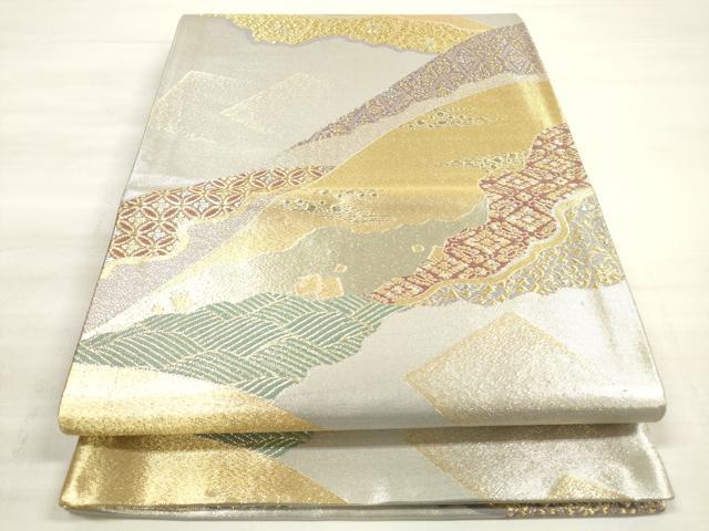 平和屋着物◎六通柄袋帯 吉祥立波遠山文 金銀糸 正絹 逸品 DABE2312xg