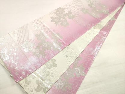 平和屋着物◎両面 全通柄袋帯 草花文 銀糸 やまと誂製 正絹 逸品 DABE2316xg