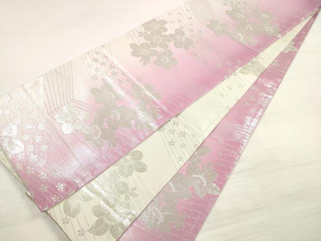 平和屋着物◎両面 全通柄袋帯 草花文 銀糸 やまと誂製 正絹 逸品 DABE2316xg