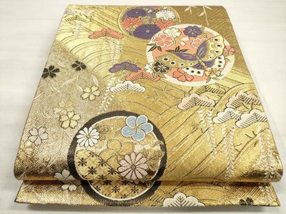 平和屋着物◎六通柄袋帯　唐織　立波花蝶丸文　金糸　正絹　逸品　DABE2361xg