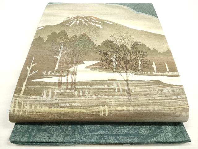 平和屋着物◎太鼓柄袋帯　紬地　遠山風景文　正絹　逸品　DABE2369xg