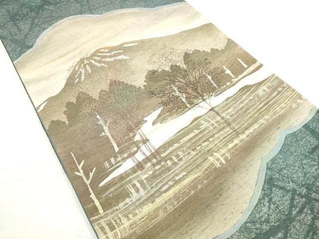 平和屋着物◎太鼓柄袋帯　紬地　遠山風景文　正絹　逸品　DABE2369xg