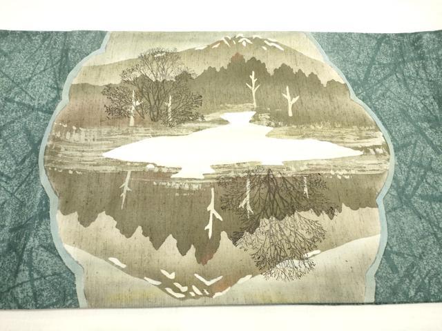 平和屋着物◎太鼓柄袋帯　紬地　遠山風景文　正絹　逸品　DABE2369xg