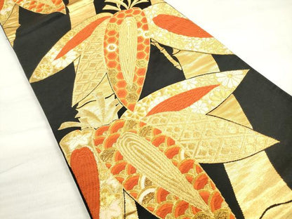 平和屋着物◎六通柄袋帯　唐織　吉祥笹竹文　黒地　金糸　正絹　逸品　DABE2390xg