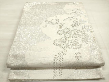 平和屋着物◎西陣　六通柄袋帯　唐織　流水花鳥文　銀糸　正絹　逸品　DABE2424xg