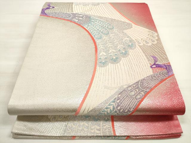 平和屋着物◎六通柄袋帯　唐織　孔雀文　銀糸　正絹　逸品　DABE2435xg