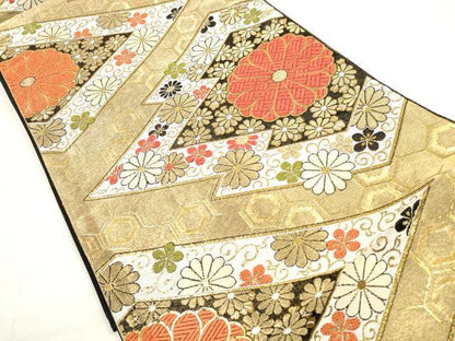 平和屋着物◎六通柄袋帯 唐織 松皮菱菊文 金糸 正絹 逸品 DABE2440xg