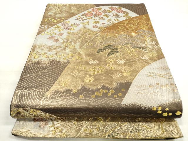 平和屋着物◎六通柄袋帯 立波遠山花鳥文 金糸 正絹 逸品 DABE2441xg