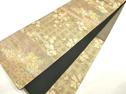 平和屋着物◎西陣 六通柄袋帯 草花文 金銀糸 証紙付き 正絹 逸品 DABE2470xg