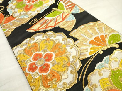 平和屋着物◎六通柄袋帯　唐織　正倉院花蝶文　黒地　金銀糸　正絹　逸品　DABE2489xg