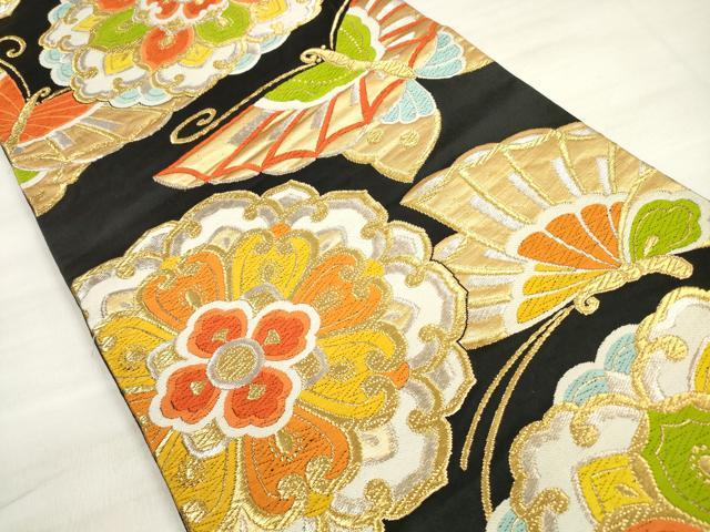 平和屋着物◎六通柄袋帯　唐織　正倉院花蝶文　黒地　金銀糸　正絹　逸品　DABE2489xg