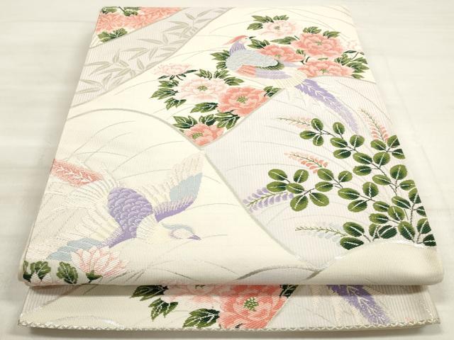 平和屋着物◎六通柄袋帯　花鳥文　銀彩　正絹　逸品　DABE2516xg