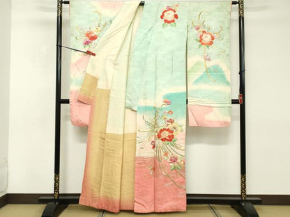 平和屋着物■豪華振袖　駒刺繍　草花文　暈し染め　金彩　正絹　逸品　DABE2654cd
