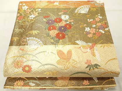 平和屋着物◎六通柄袋帯　鶴松草花文　綾都文紫　金銀糸　正絹　逸品　DABE2852cd