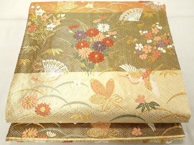 平和屋着物◎六通柄袋帯　鶴松草花文　綾都文紫　金銀糸　正絹　逸品　DABE2852cd