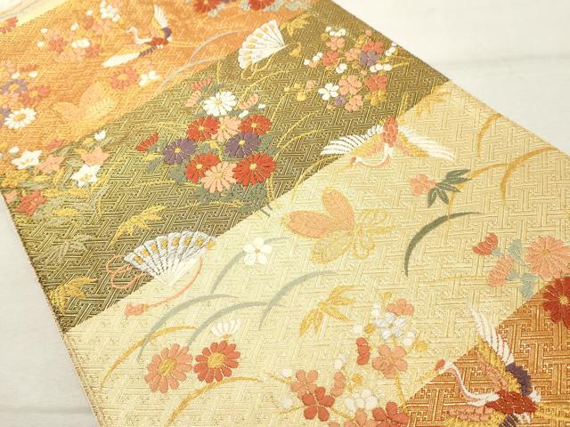 平和屋着物◎六通柄袋帯　鶴松草花文　綾都文紫　金銀糸　正絹　逸品　DABE2852cd