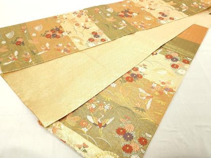 平和屋着物◎六通柄袋帯　鶴松草花文　綾都文紫　金銀糸　正絹　逸品　DABE2852cd