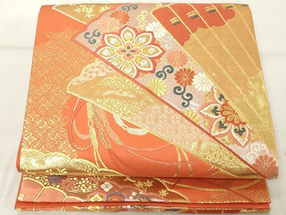 平和屋着物◎六通柄袋帯　檜扇花文　金銀糸　正絹　逸品　DABE2857cd