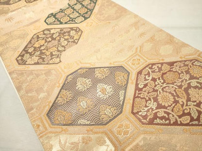 平和屋着物◎六通柄袋帯　亀甲花文　金糸　正絹　逸品　DABE2859cd