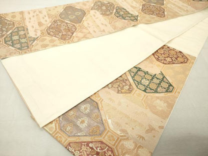 平和屋着物◎六通柄袋帯　亀甲花文　金糸　正絹　逸品　DABE2859cd
