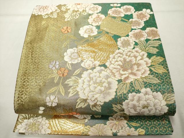 平和屋着物◎六通柄袋帯　糸巻花文　金糸　正絹　逸品　DABE2864cd