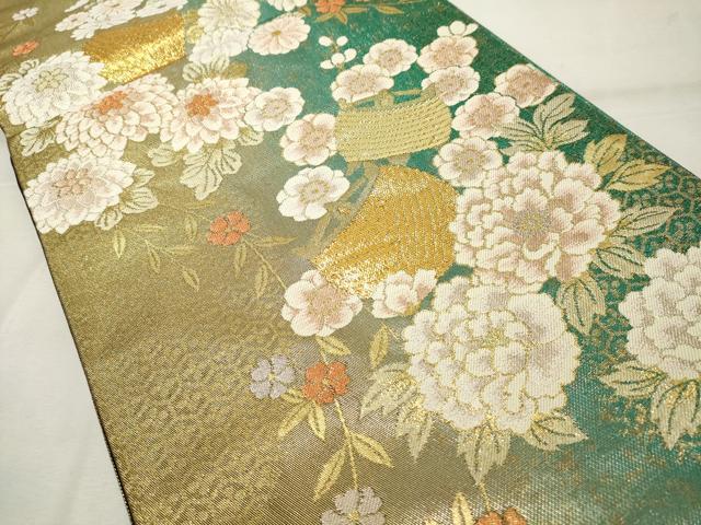 平和屋着物◎六通柄袋帯　糸巻花文　金糸　正絹　逸品　DABE2864cd