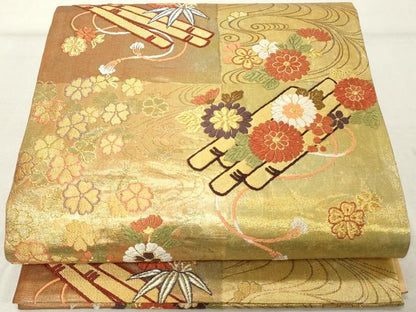 平和屋着物◎六通柄袋帯　唐織　花筏文　金糸　正絹　逸品　DABE2868cd