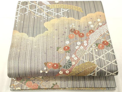 平和屋着物◎六通柄袋帯　吉祥枝花文　金糸　正絹　逸品　DABE2873cd