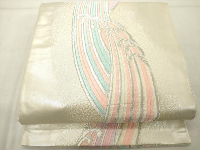 平和屋着物◎六通柄袋帯　唐織　荒波文　銀糸　正絹　逸品　DABE2876cd