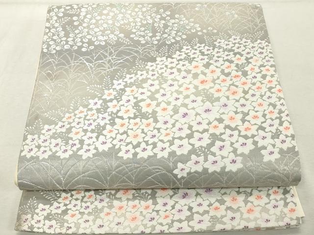平和屋着物◎六通柄袋帯　唐織　草花文　銀糸　正絹　逸品　DABE2910cd
