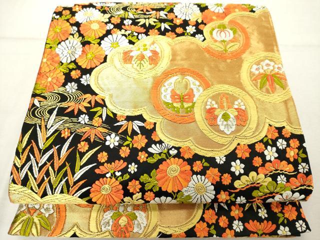 平和屋着物◎六通柄袋帯　唐織　舞花文　黒地　金糸　正絹　逸品　DABE2912cd