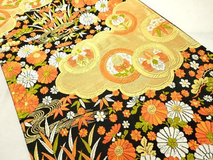 平和屋着物◎六通柄袋帯　唐織　舞花文　黒地　金糸　正絹　逸品　DABE2912cd