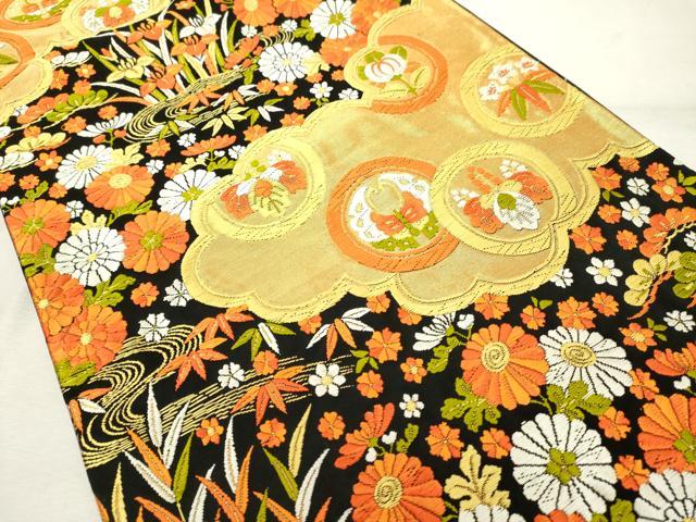 平和屋着物◎六通柄袋帯　唐織　舞花文　黒地　金糸　正絹　逸品　DABE2912cd
