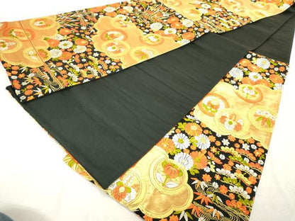 平和屋着物◎六通柄袋帯　唐織　舞花文　黒地　金糸　正絹　逸品　DABE2912cd