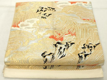 平和屋着物◎六通柄　本袋帯　唐織　立波文　金銀糸　正絹　逸品　DABE2915cd