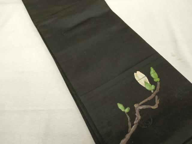 平和屋着物◎アンティーク　大正ロマン　半幅帯　枝花文　黒地　正絹　逸品　DABE2919cd