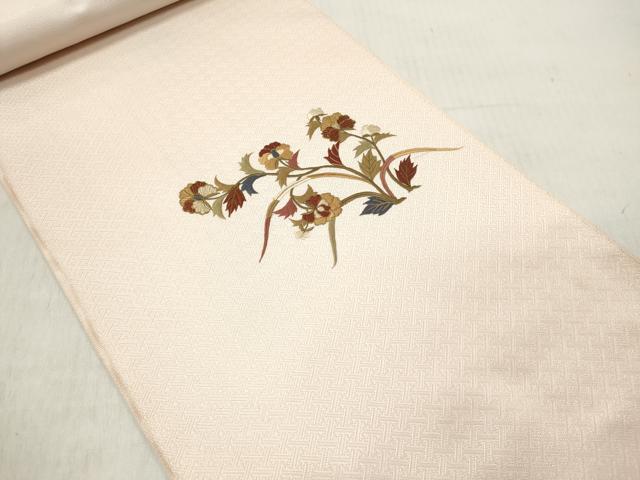 平和屋着物▼西陣 名古屋帯 帯反物 総刺繍 草花文 金糸 証紙付き 逸品 未使用 DABE3299we