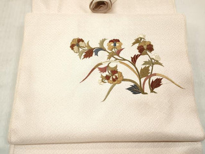 平和屋着物▼西陣 名古屋帯 帯反物 総刺繍 草花文 金糸 証紙付き 逸品 未使用 DABE3299we