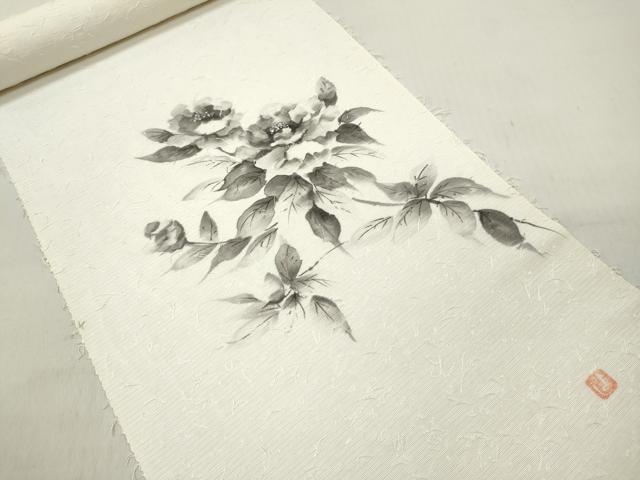 平和屋着物▼名古屋帯　帯反物　あみ織紬　髭紬　作家物　手描き　民芸手織　草花文　逸品　未使用　DABE3367we