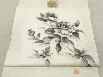 平和屋着物▼名古屋帯　帯反物　あみ織紬　髭紬　作家物　手描き　民芸手織　草花文　逸品　未使用　DABE3367we