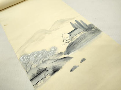 平和屋着物▼名古屋帯　帯反物　手描き　風景文　逸品　未使用　DABE3381we