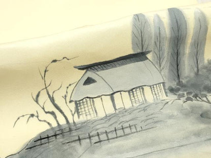平和屋着物▼名古屋帯　帯反物　手描き　風景文　逸品　未使用　DABE3381we
