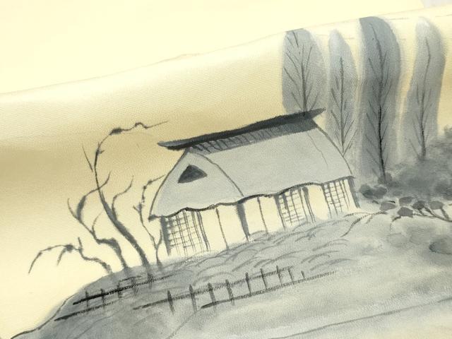 平和屋着物▼名古屋帯　帯反物　手描き　風景文　逸品　未使用　DABE3381we